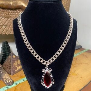 Vintage Necklace with Deep Red Pendant - Women Jewelry